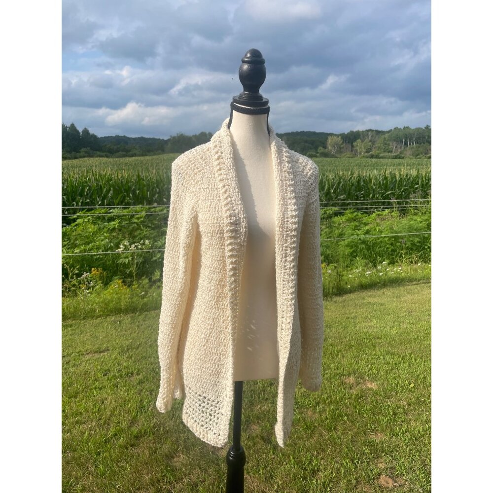 Handmade Womens Cream Crochet Cardigan Sweater Open Front & Shawl Collar Size Sm